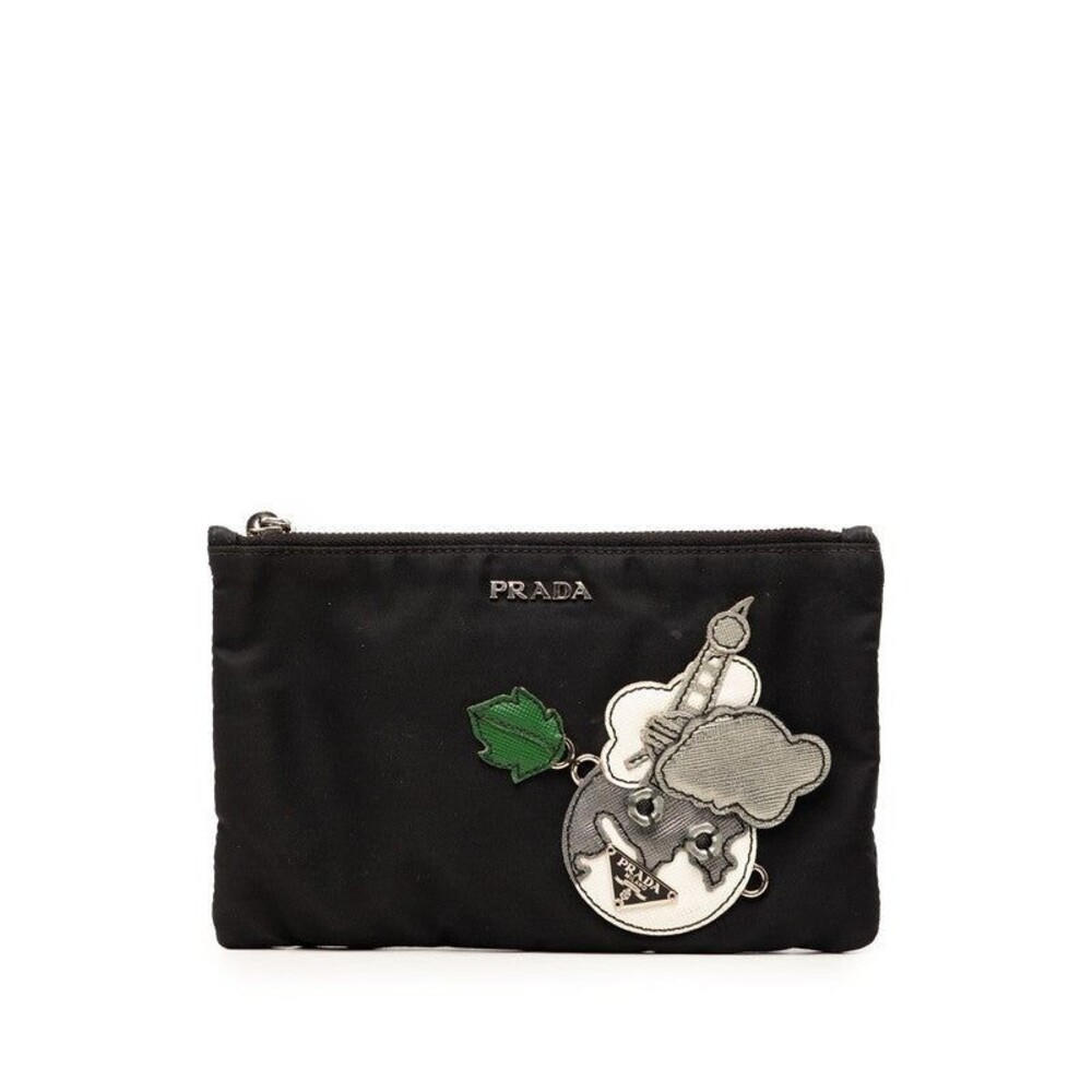 Prada Saffiano Triangle Logo Plate Patchwork Pouch Black Multicolor